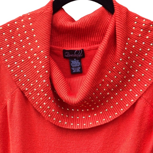 Questions Medium Sweater Studded Orange Pumpkin Gold Cowl Neck Tunic Knit - Picture 4 of 7